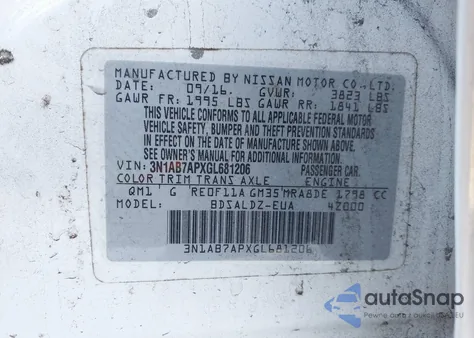 2016 Nissan Sentra Sv из США, поврежденный, VIN 3N1AB7APXGL681206